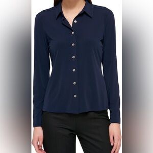 Lida Baday Navy Blue Button Up Blouse Sz L